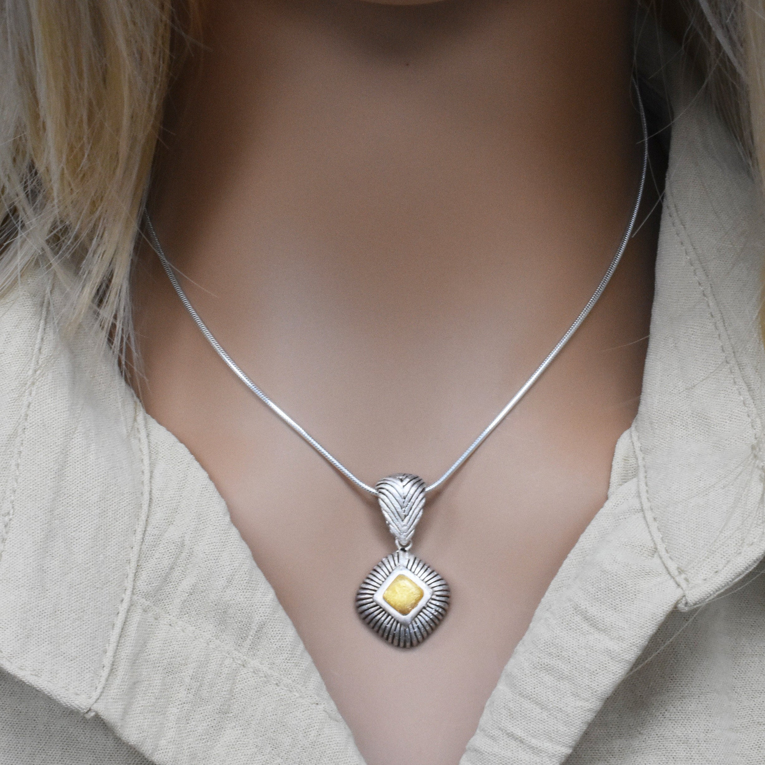 Sterling Silver Matte Finish 2 Tone Stripped Diamond Shape Pendant -SPP00033