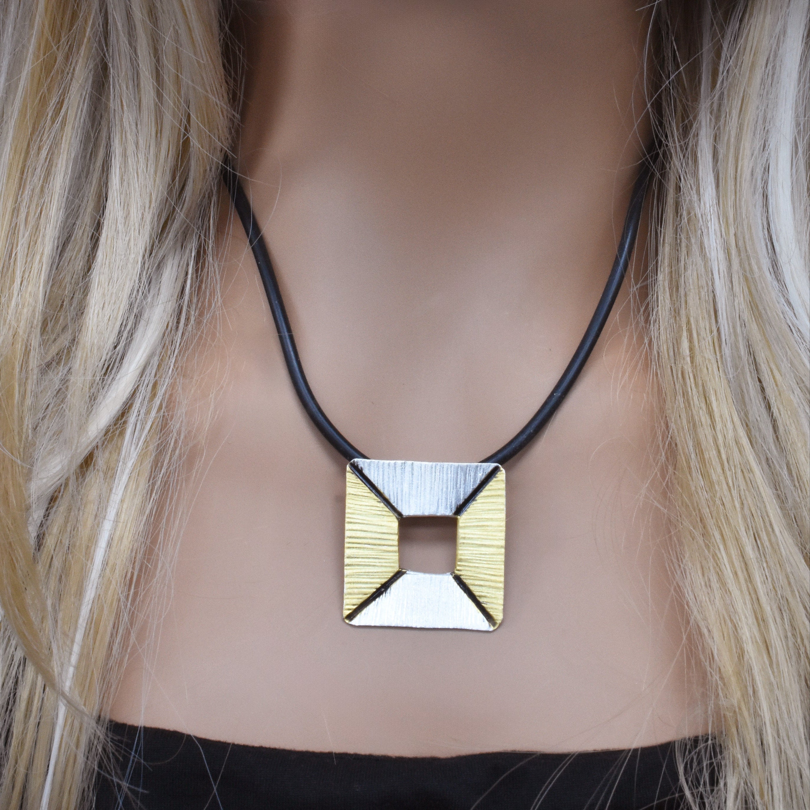 Sterling Silver Three Tone Open Square Pendant - SPP00057