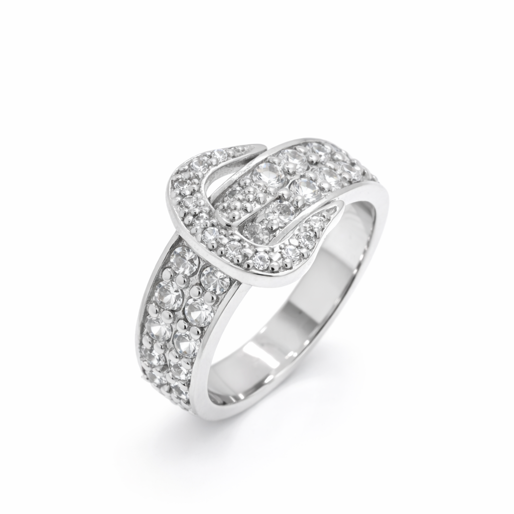Rhodium Plated 925 Sterling Silver Clear CZ Belt Ring - SPR00012