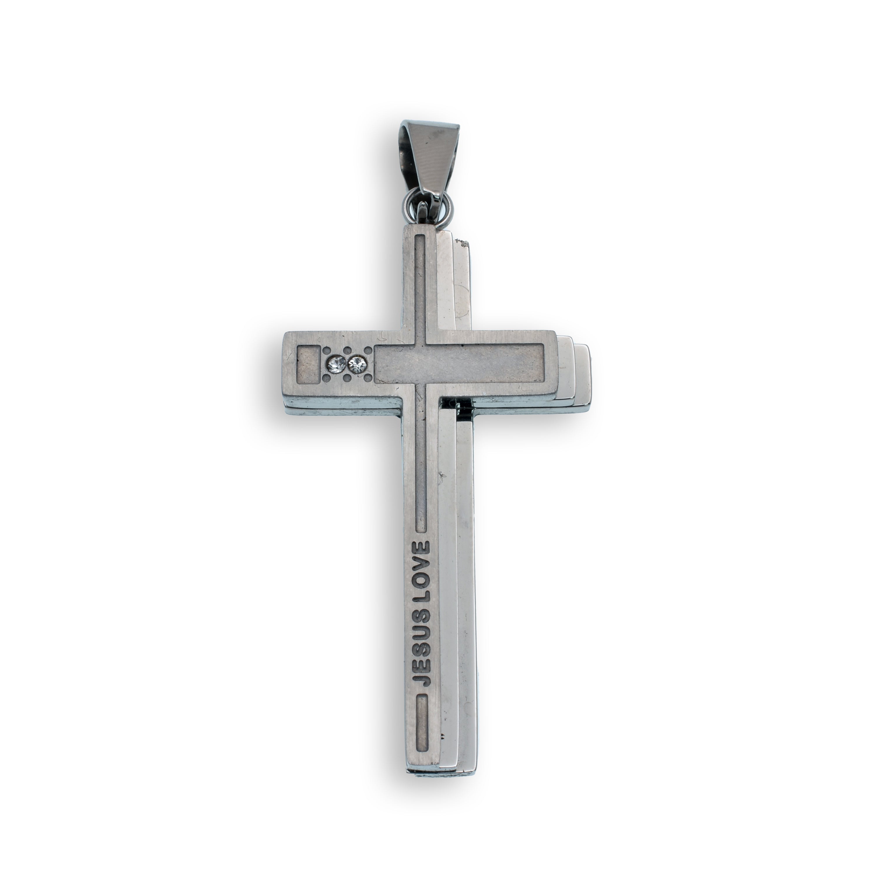 Rhodium Plated Jesus Loves Matte Triple Cross Pendant - SSP00355