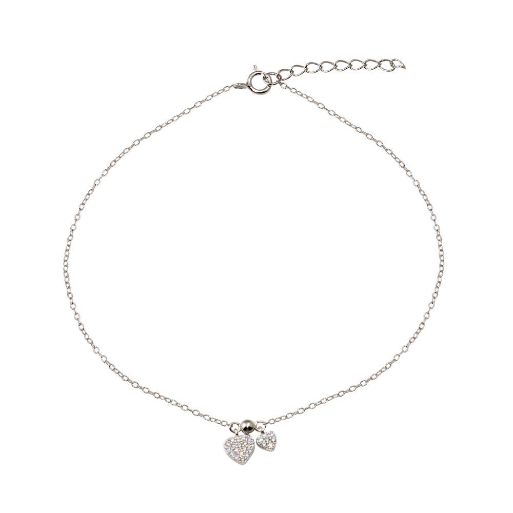 Rhodium Plated 925 Sterling Silver 2 Dangling Hearts Clear CZ Anklet - STA00001