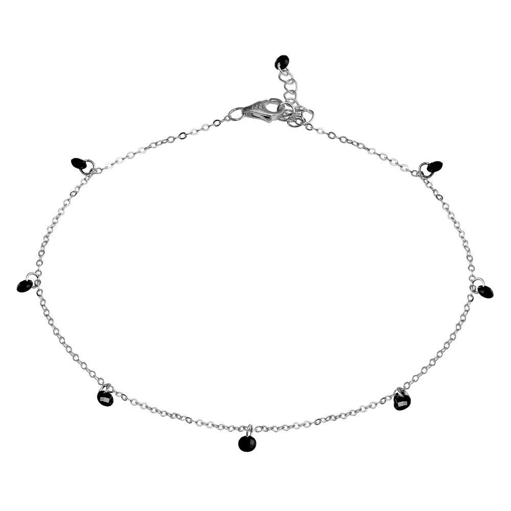 Rhodium Plated 925 Sterling Silver Dangling Black CZ Anklet - STA00572RH
