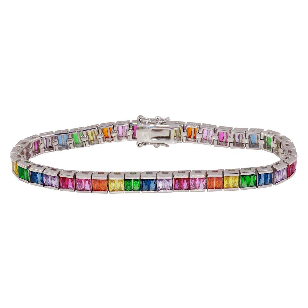 Rhodium Plated 925 Sterling Silver 6mm Multi-Colored Square CZ Tennis Bracelet - STB00064RB