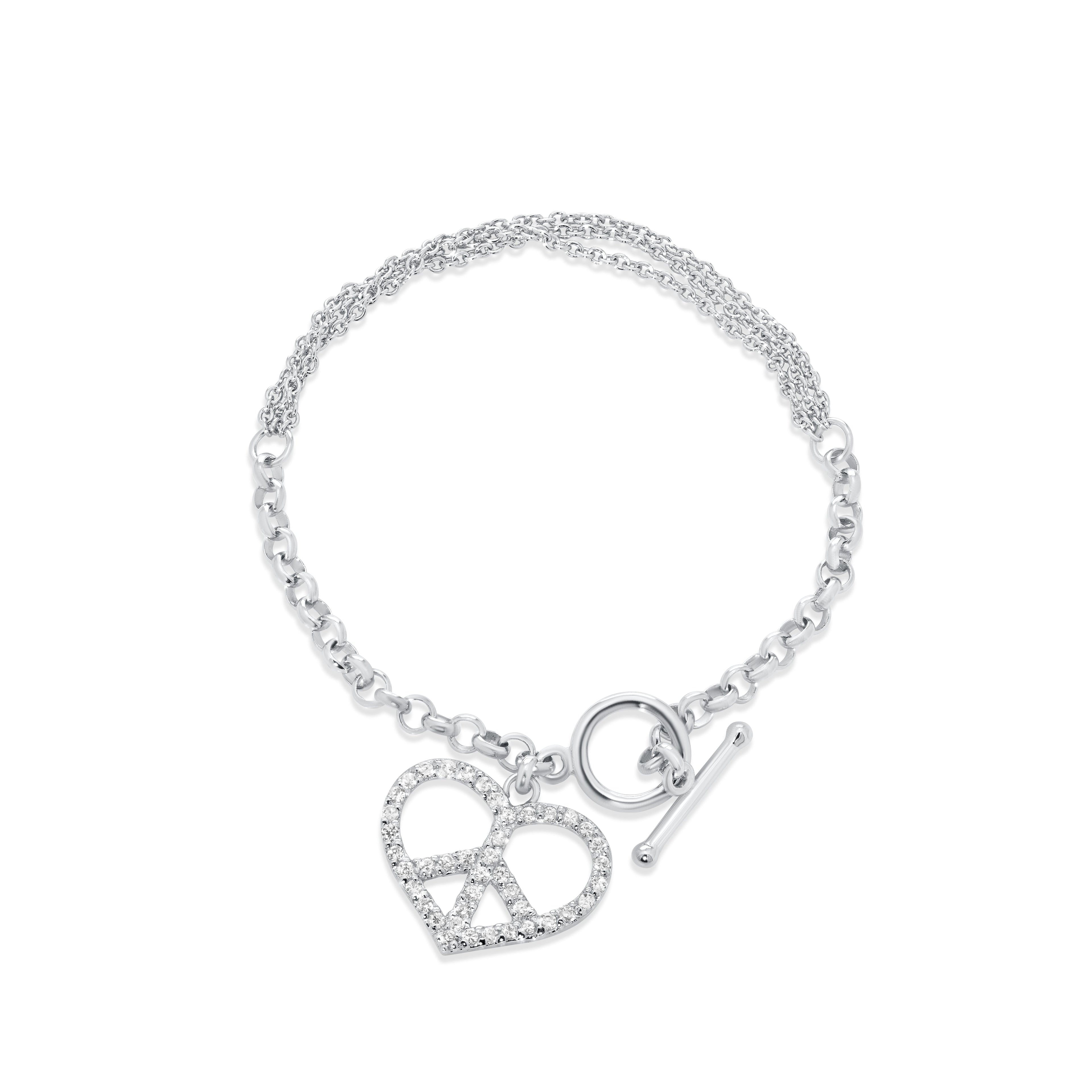 Rhodium Plated 925 Sterling Silver Peace Sign CZ Bracelet - STB00352