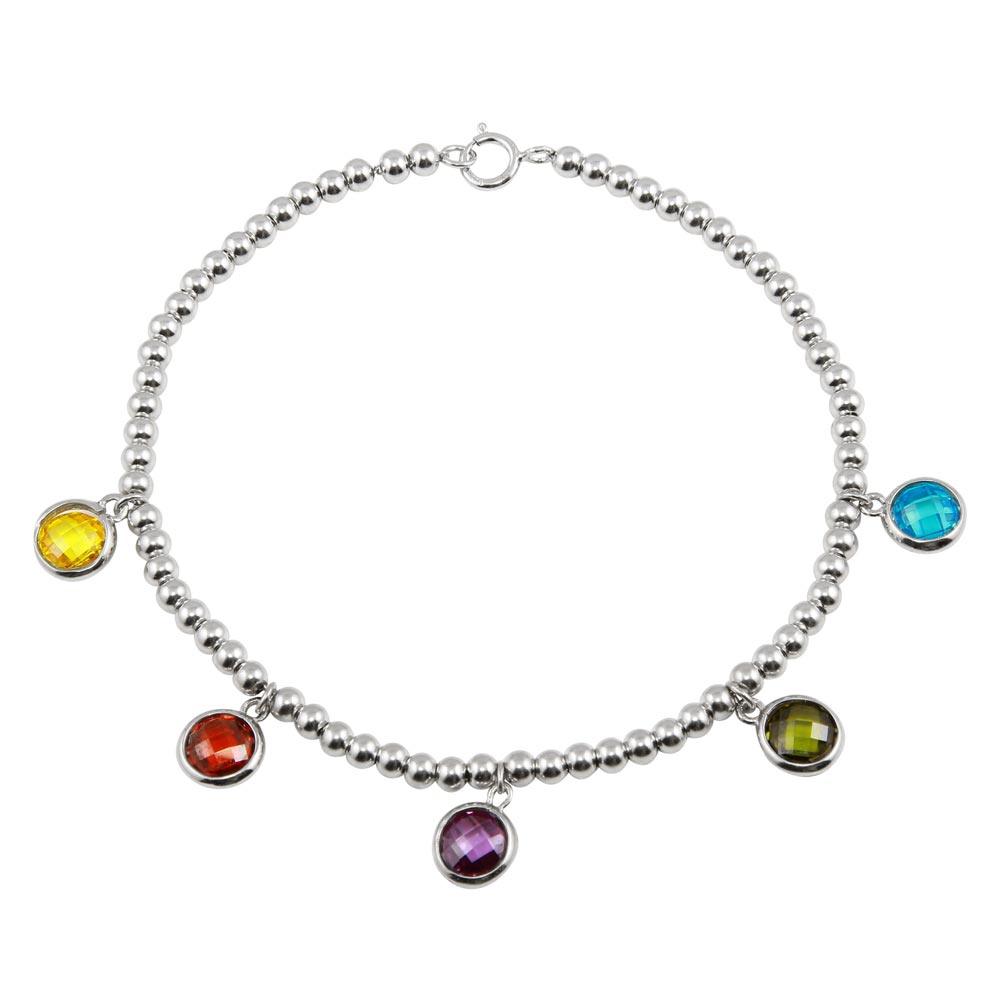 Rhodium Plated 925 Sterling Silver Multi-Colored Round CZ Stone Bracelet - STB00552