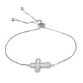Rhodium Plated 925 Sterling Silver Lariat Side Way Mother of Pearl Cross CZ Bracelet - STB00575