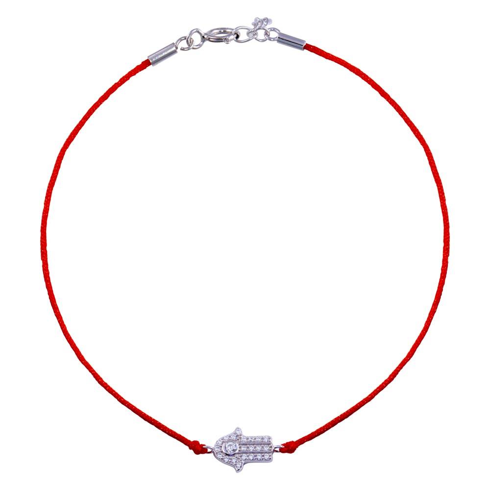 Rhodium Plated 925 Sterling Silver Hamsa Hand CZ Red Cord Bracelet - STB00595
