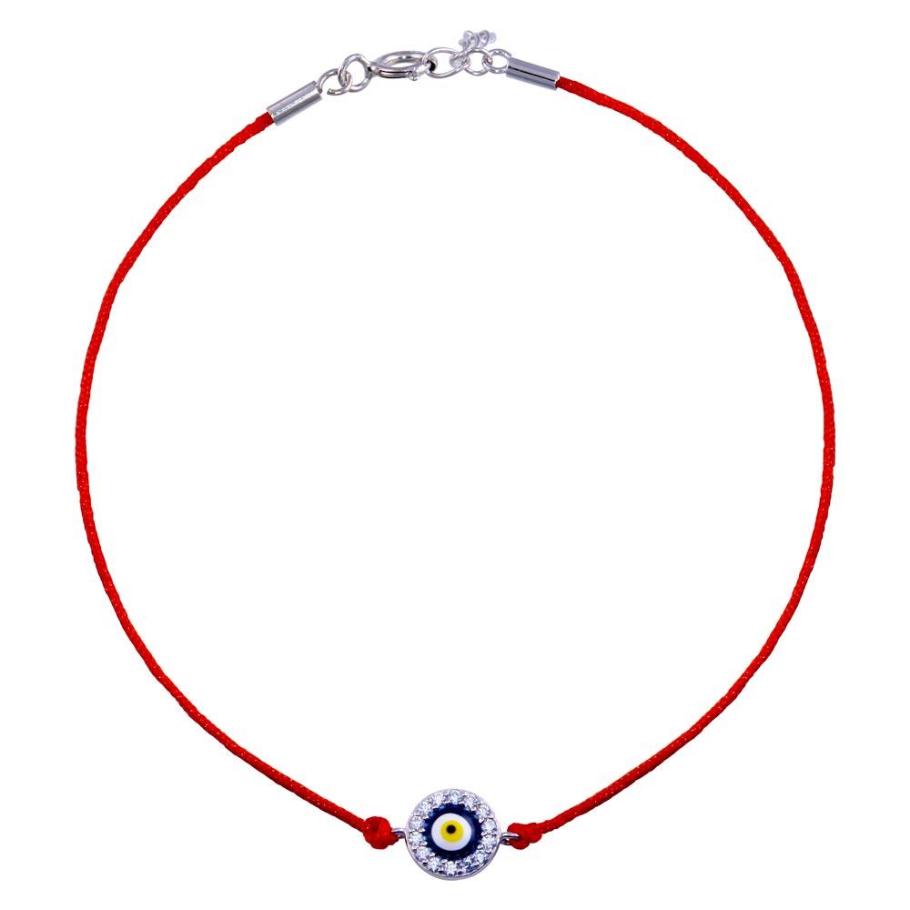 Rhodium Plated 925 Sterling Silver Round Evil Eye CZ Red Cord Bracelet - STB00598