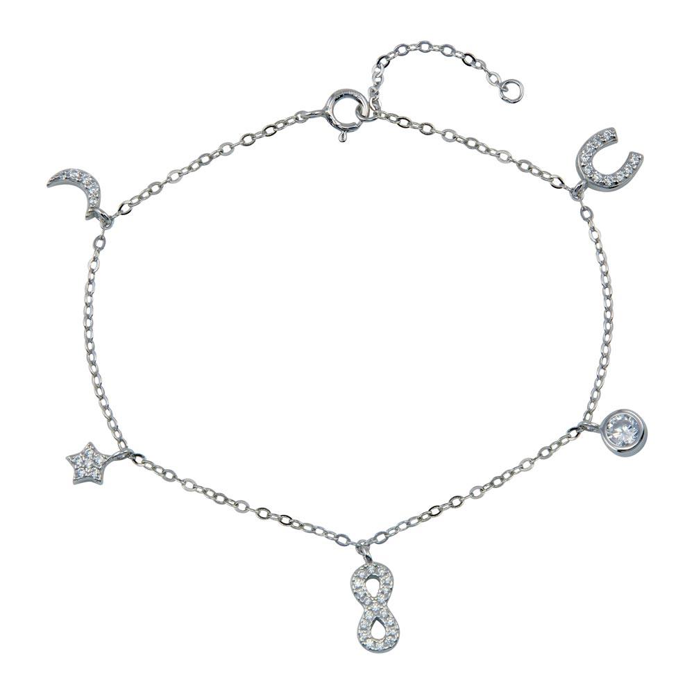 Rhodium Plated 925 Sterling Silver CZ Horse Shoe Infinity Star Moon Charm Bracelet - STB00604