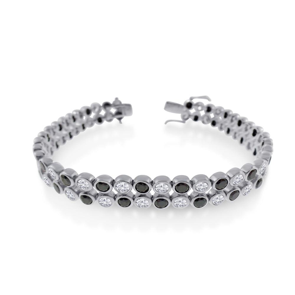 Rhodium Plated 925 Sterling Silver Men's 2 Row Clear and Black CZ Bubble Bracelet - STBM00018
