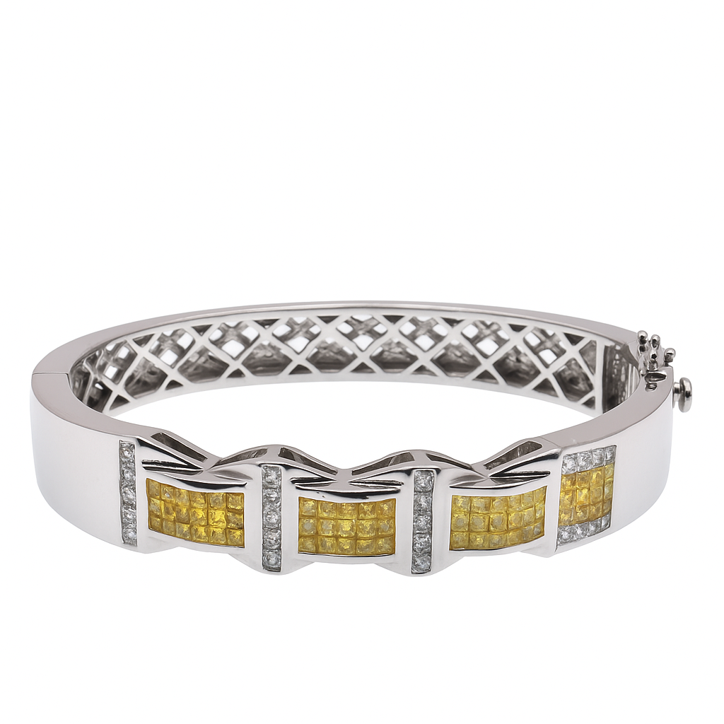 Rhodium Plated 925 Sterling Silver Clear & Yellow CZ Peaaked Buckle Link Hip Hop Cuff Bracelet- STBM00050