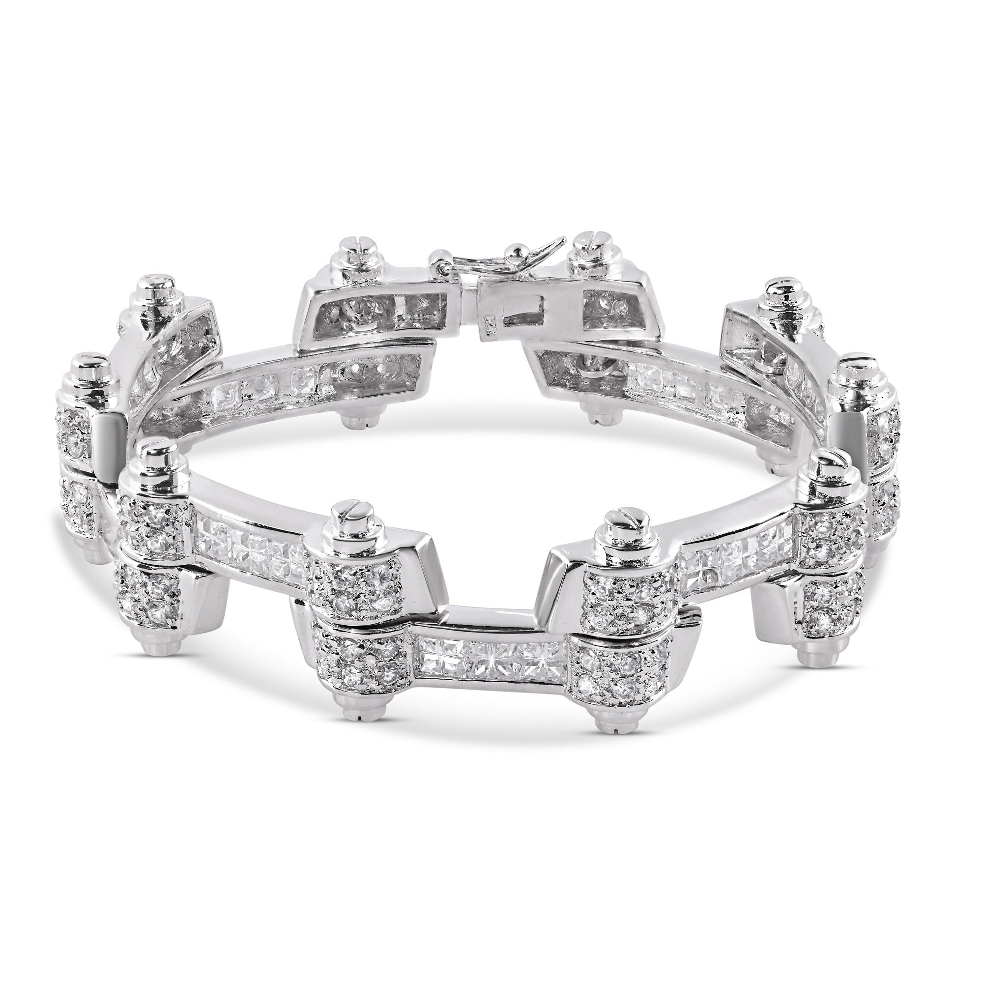 Rhodium Plated 925 Sterling Silver DC CZ Alternating Hinge Men's Bracelet - STBM00009