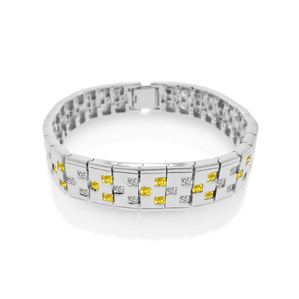 Rhodium Plated 925 Sterling Silver Men's Yellow and Clear CZ Checkered Men's Bracelet - STBM00012Y-9