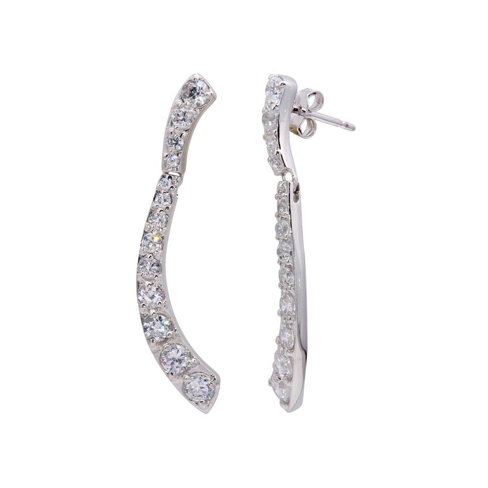 Silver 925 Rhodium Plated CZ Long Thin Curvy Earrings - STE00027