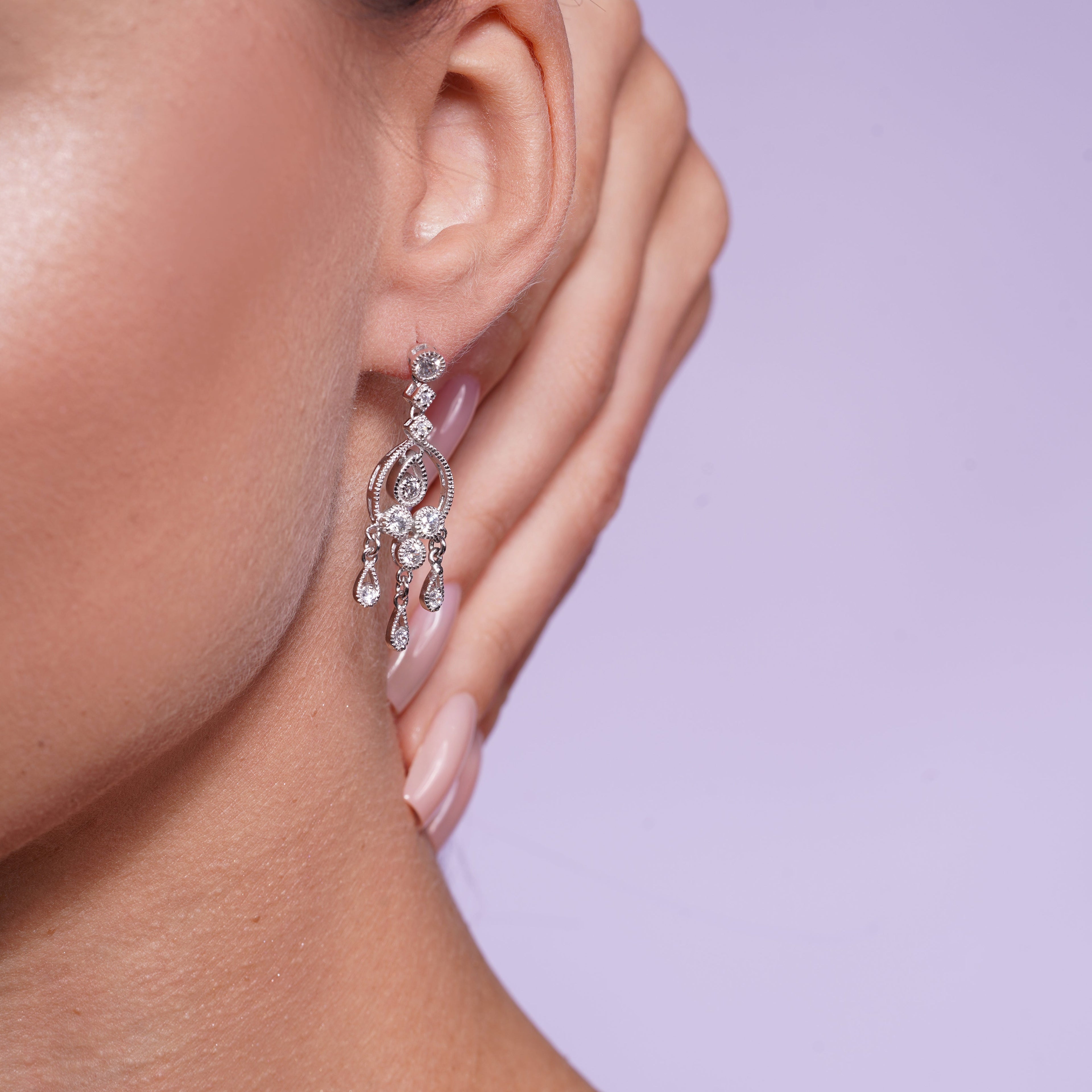 Silver 925 Rhodium Plated CZ Three stranded Dangling Earrings - STE00030