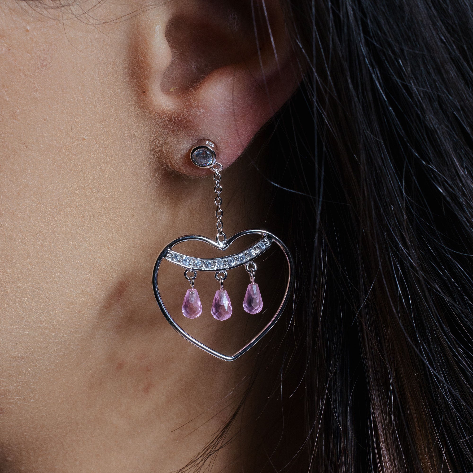 Silver 925 Rhodium Plated Open Heart Danging 3 Pink Crystals Earrings - STE00120