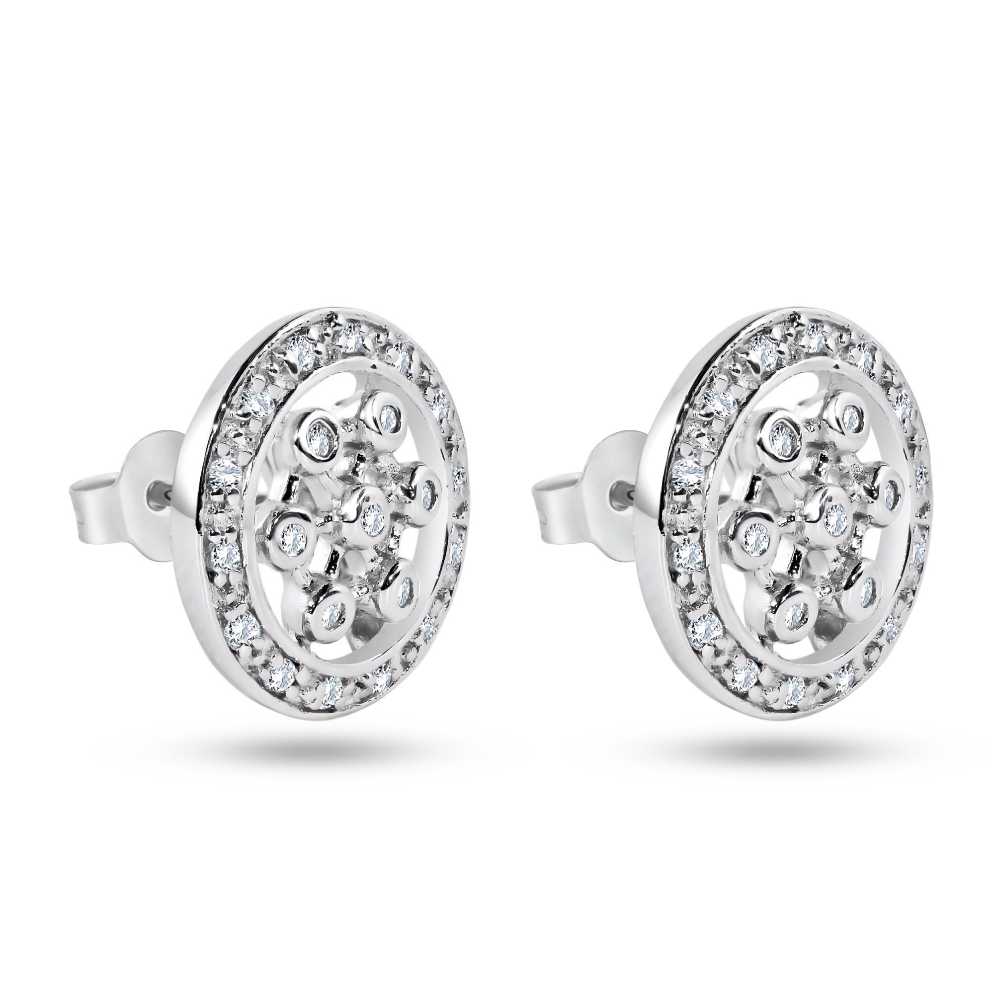 Silver 925 Rhodium Plated Round Helm Wheel CZ Stud Earrings - STE00129