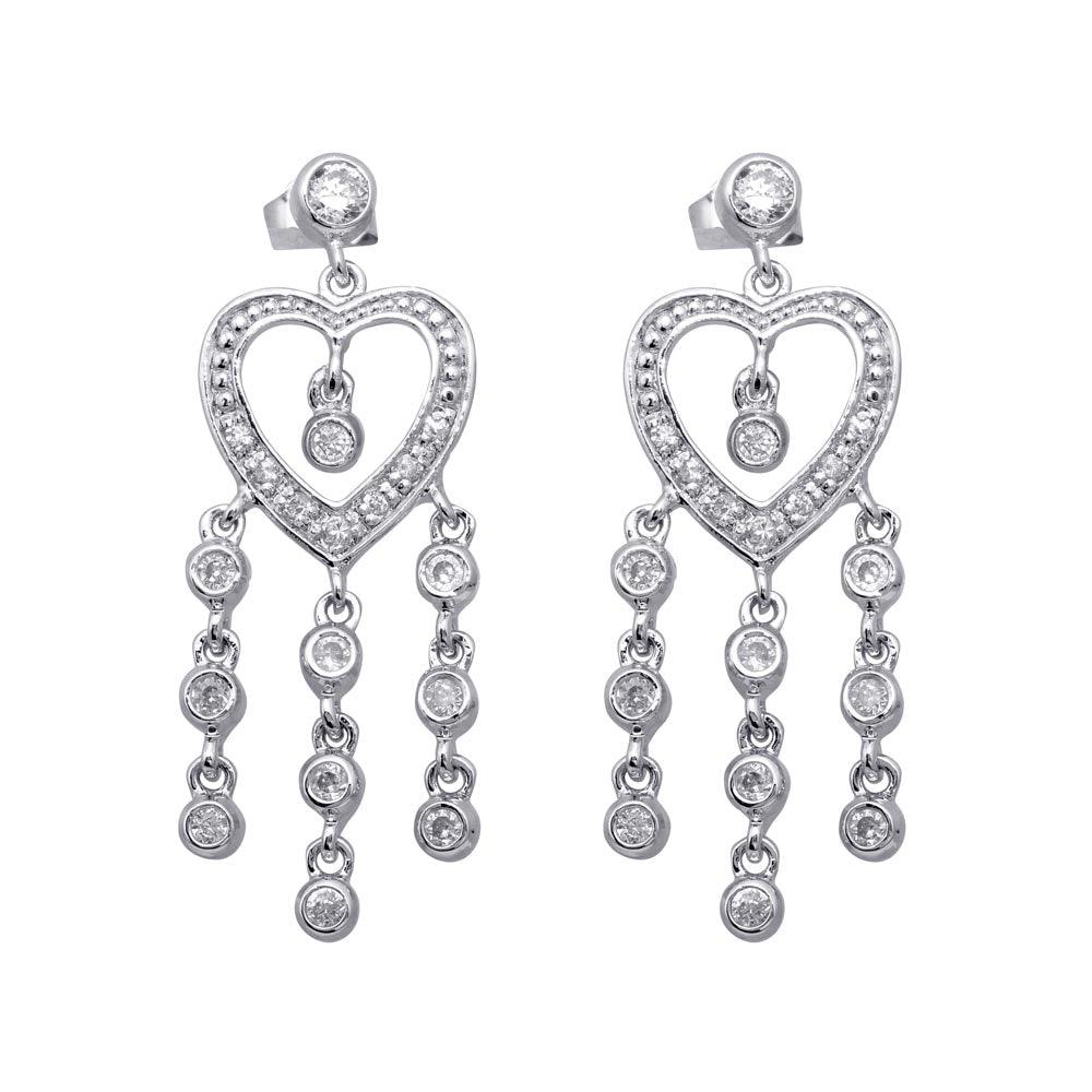 Silver 925 Rhodium Plated Heart CZ Three Strand Dangling Earrings - STE00169