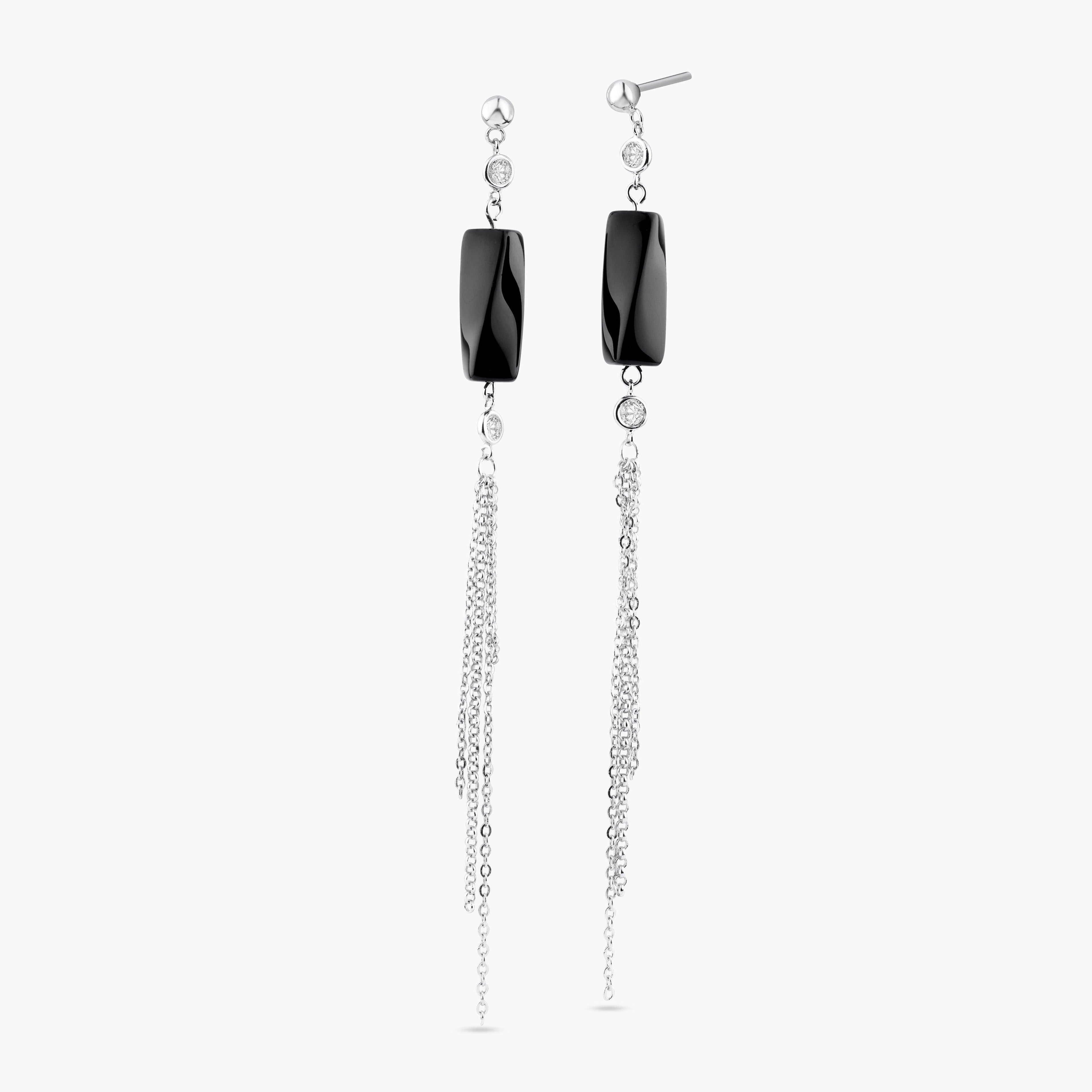 Silver 925 Rhodium Plated Round Black Wavy Rectangle CZ Multi Strand Dangling Stud Earrings - STE00283