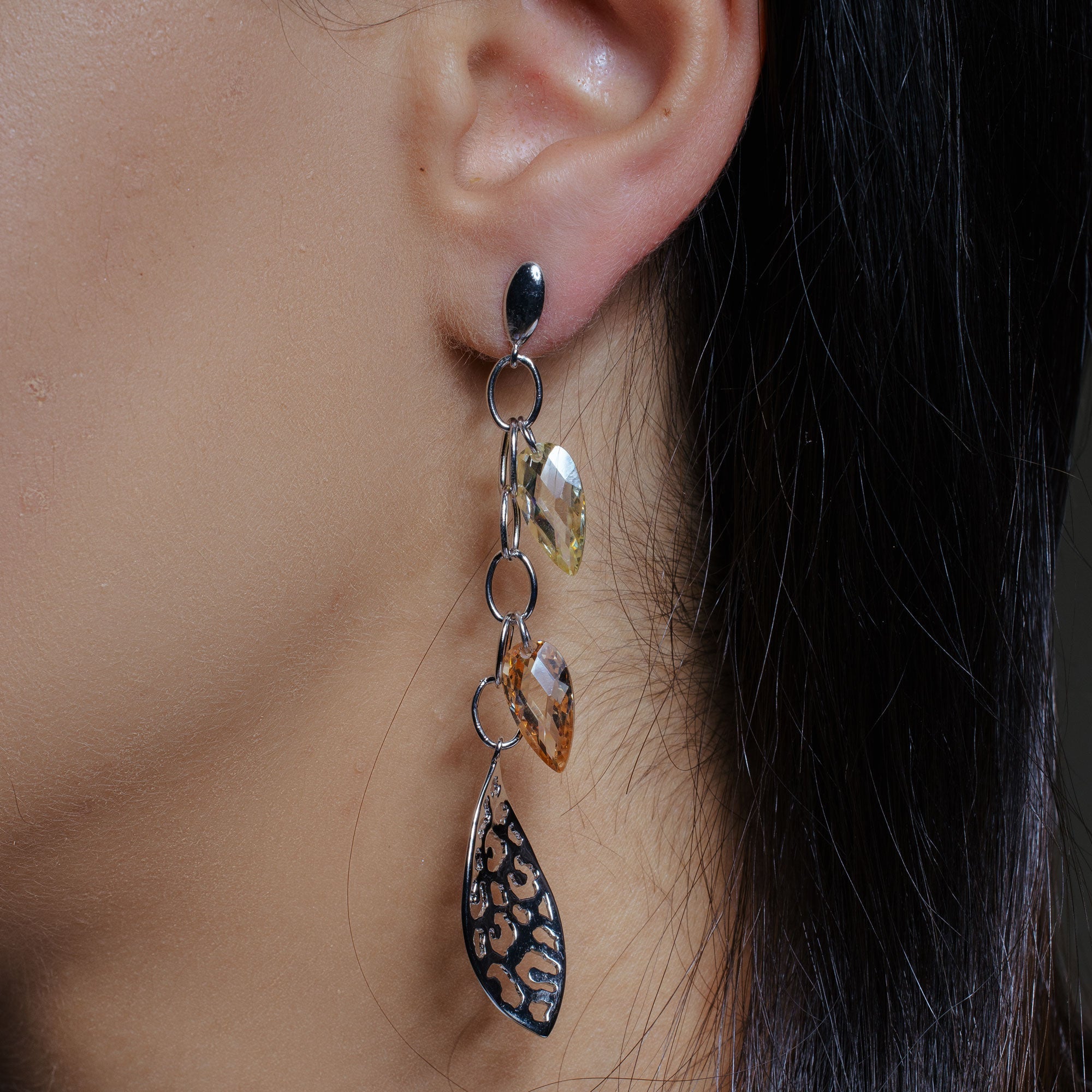 Silver 925 Rhodium Plated Champagne and Clr Marquise CZ Flat Filigree Wire Dangling Earrings - STE00290CHM