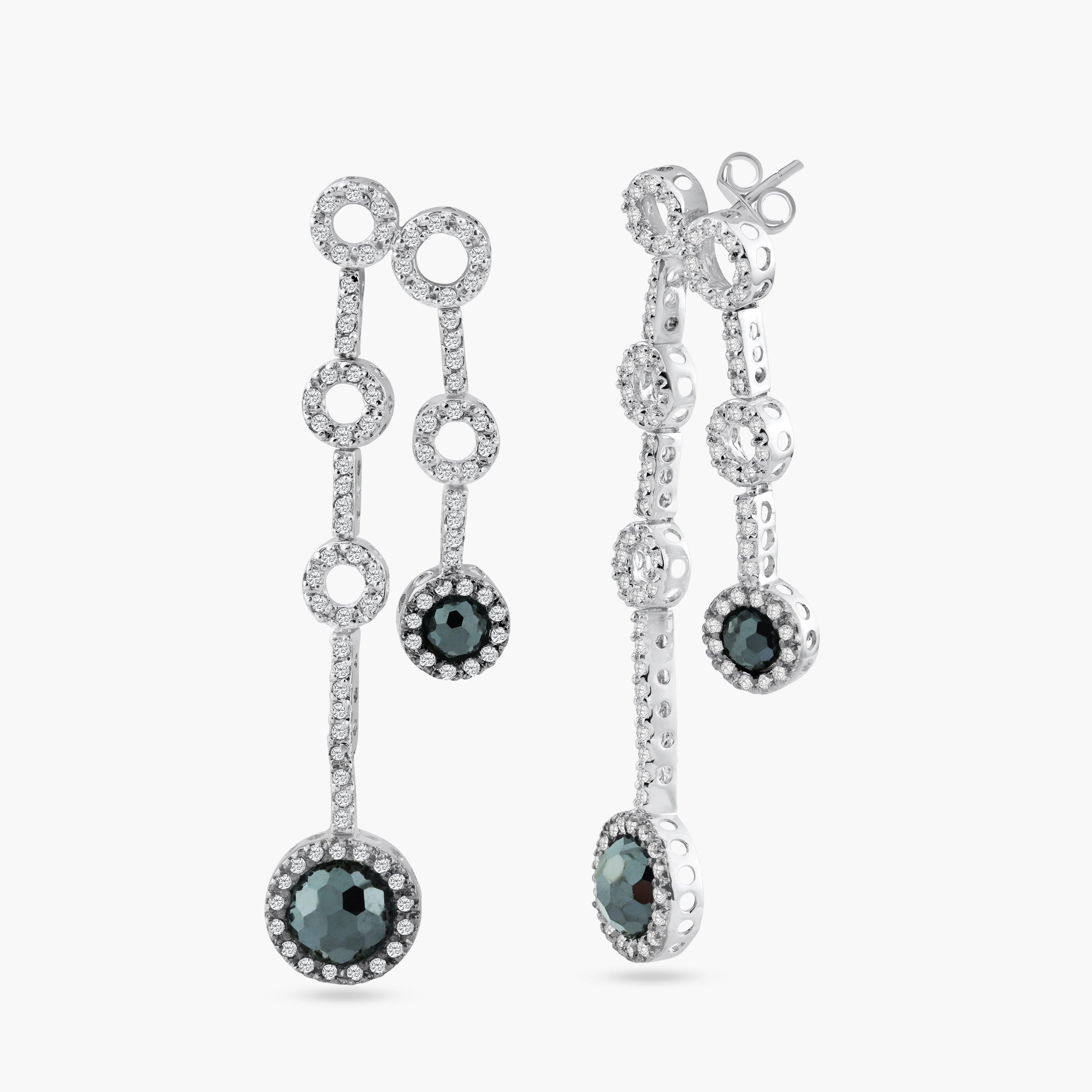 Silver 925 Black Rhodium and Rhodium Plated Round Black and Clear CZ Two Strand Dangling Stud Earrings - STE00431