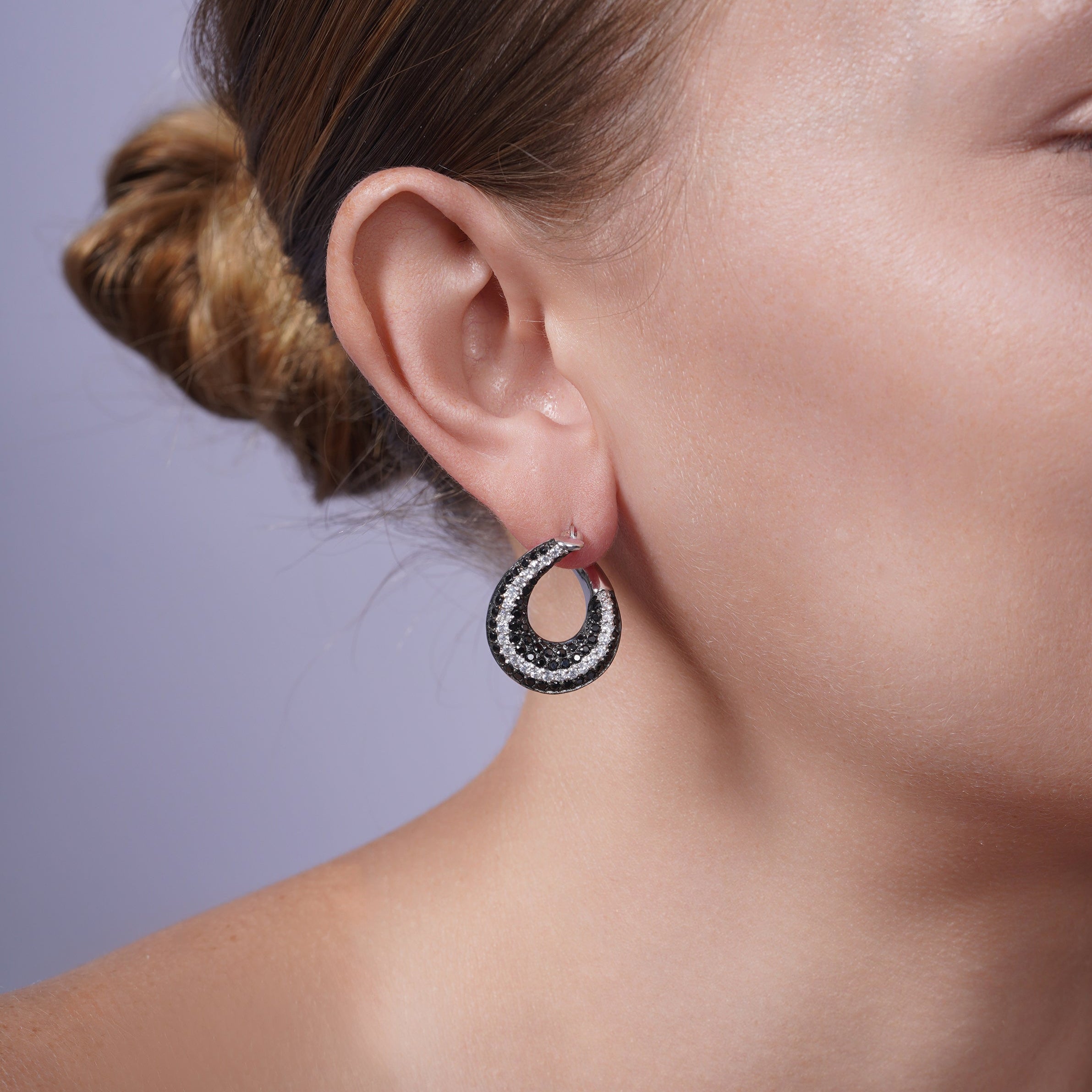 Silver 925 Black and Silver Rhodium Plated Teardrop CZ Hoop Earrings - STE00556