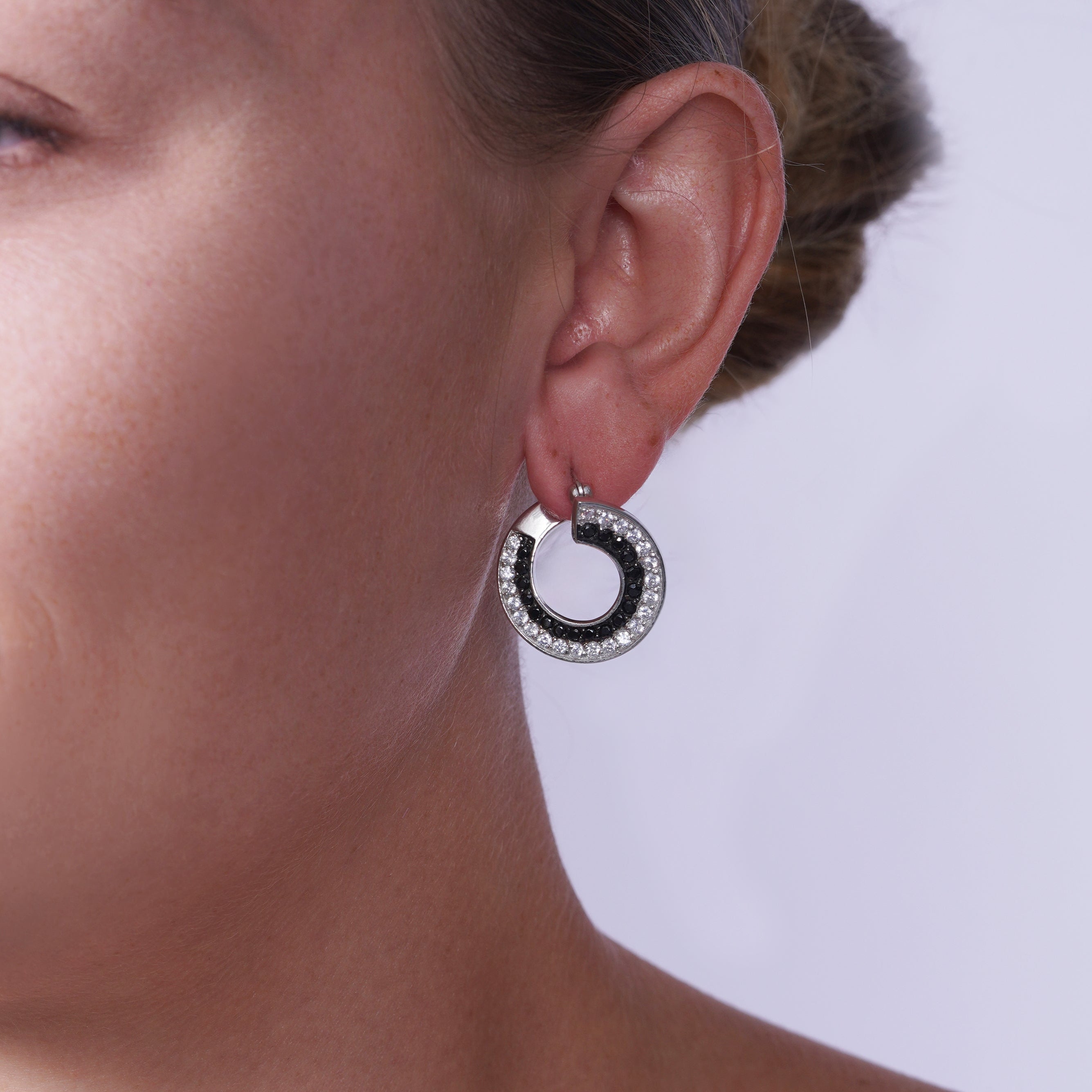Silver 925 Black and Silver Rhodium Plated Twirl Round Ramp CZ Hoop Earrings - STE00558
