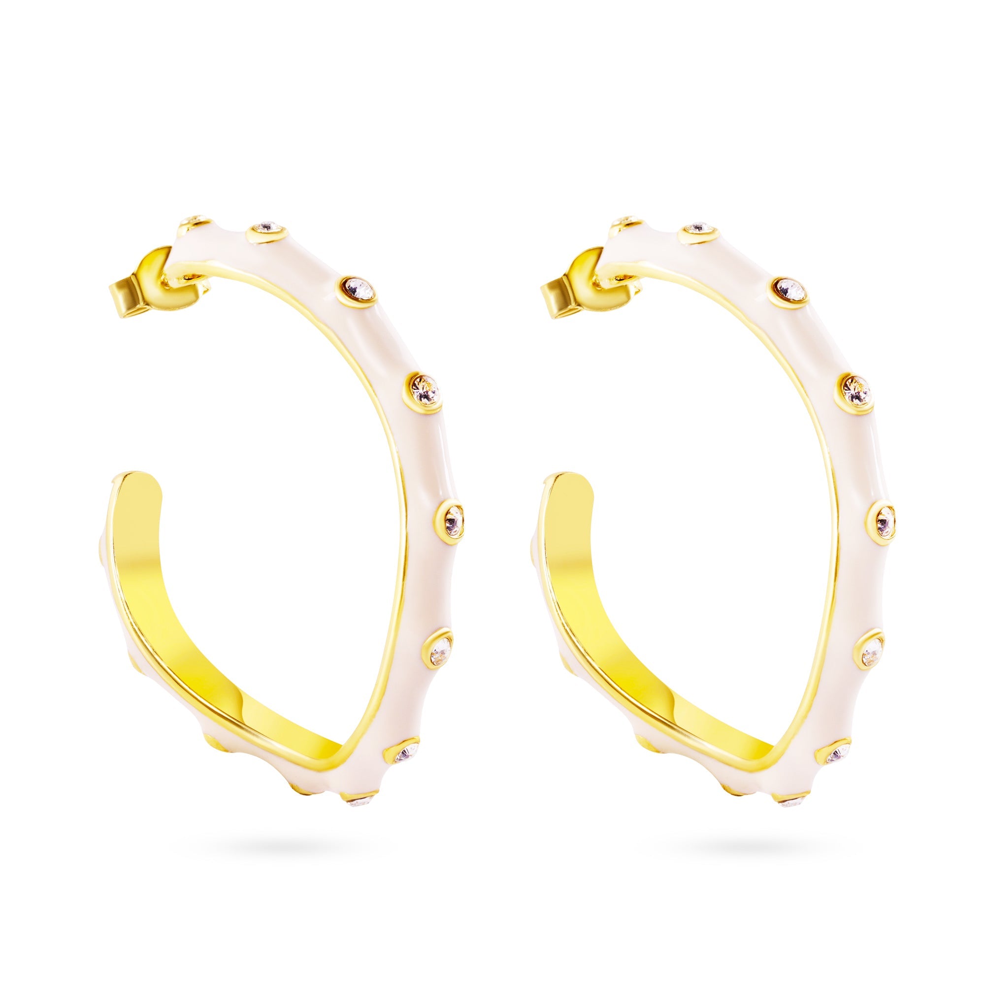 Gold Plate 925 Sterling Silver White Enamel Clear CZ Hoop Earrings - STE00699