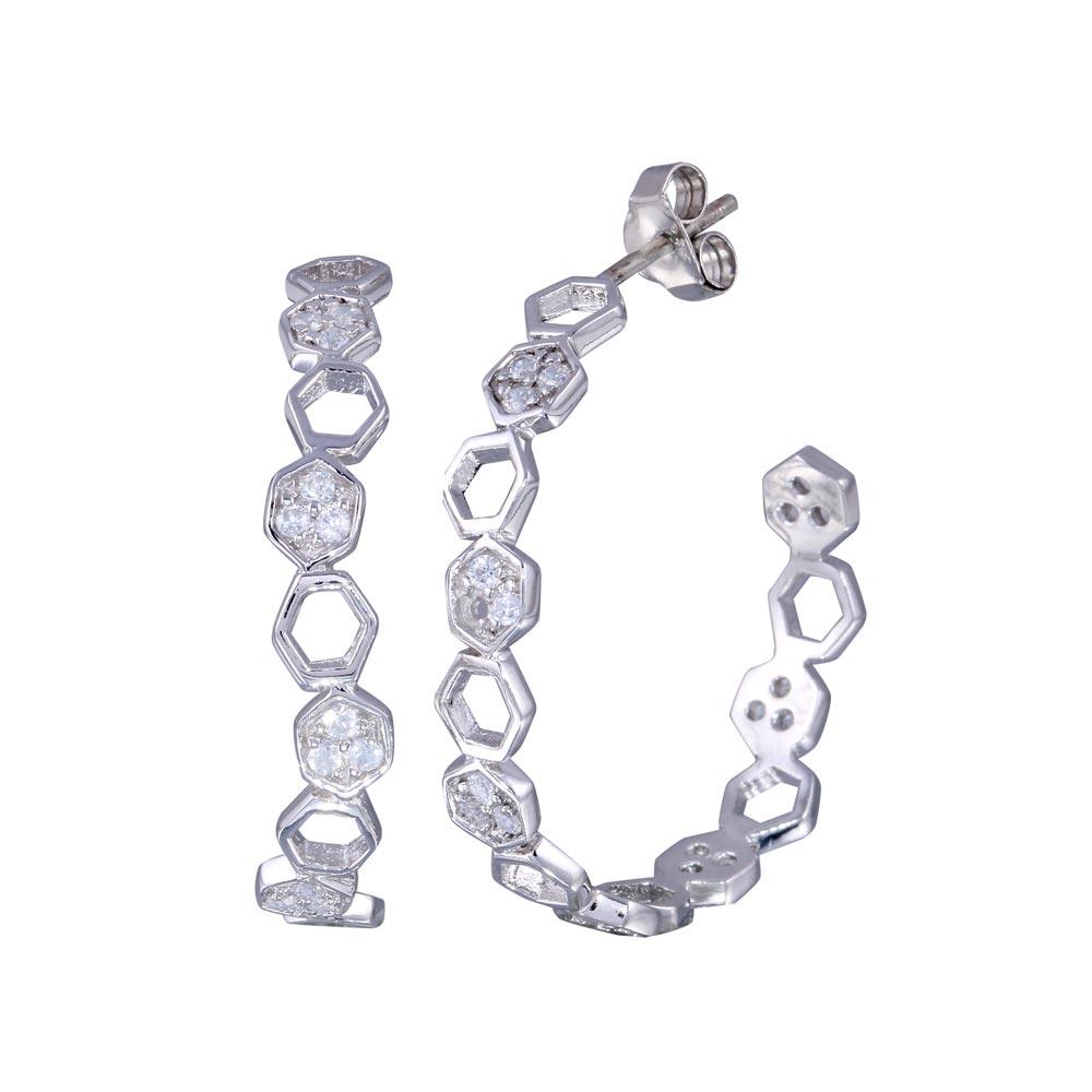 Silver 925 Rhodium Plated Hexagon Clear CZ Round J Hook Stud Earrings - STE00704