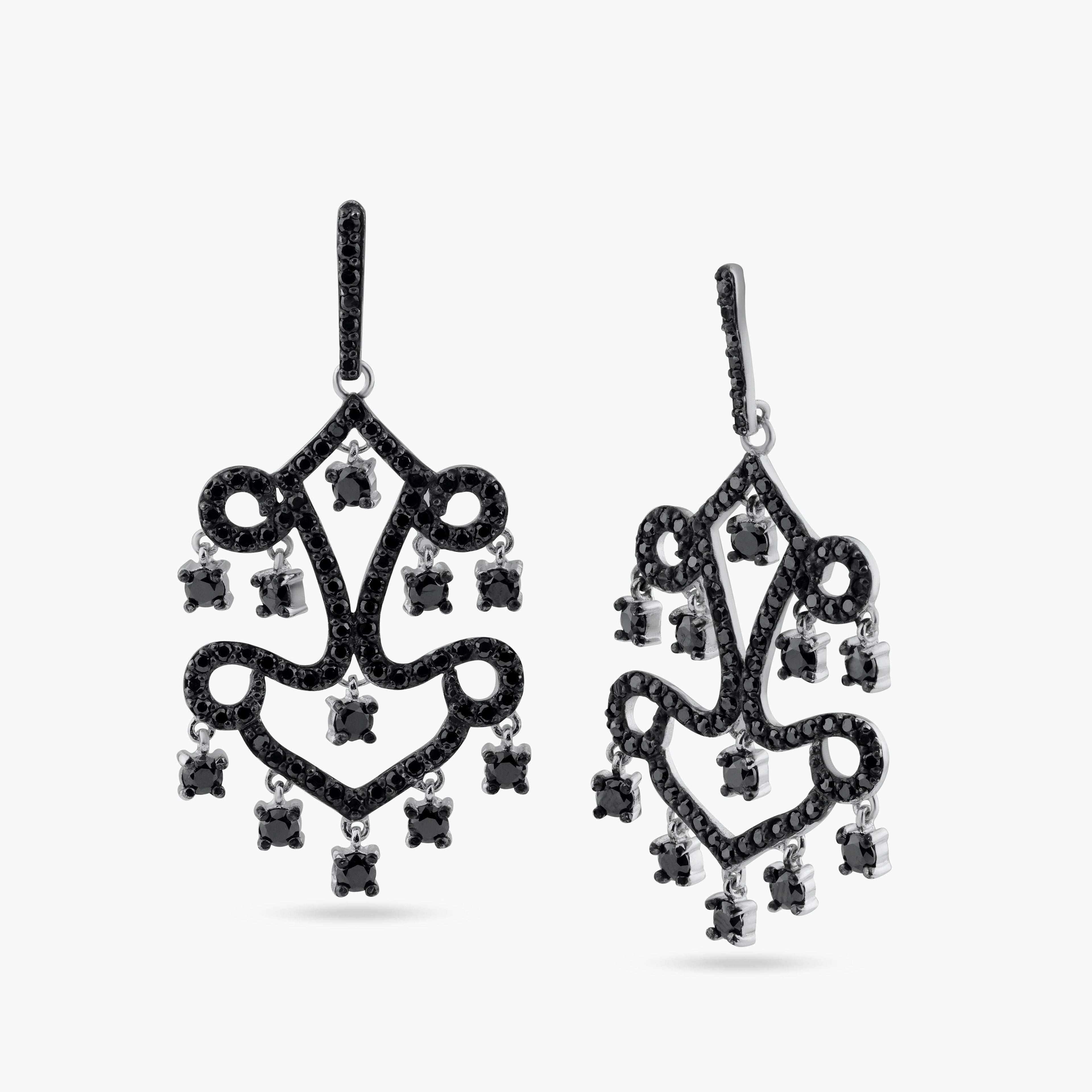Silver 925 Oxidized Rhodium Plated Round Black CZ Dangling Chandelier Stud Earrings - STE00713