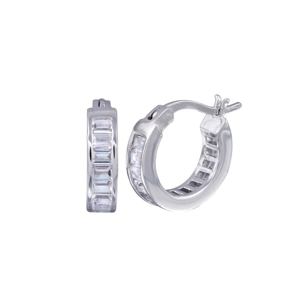 Silver 925 Rhodium Plated Baguette Clear CZ Hoop Earrings - STE00722