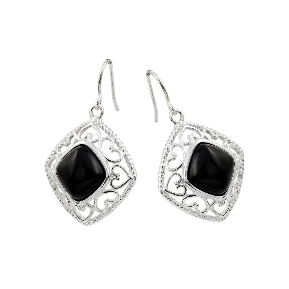 Silver 925 Rhodium Plated Square Black CZ Dangling Hook Earrings - STE00738