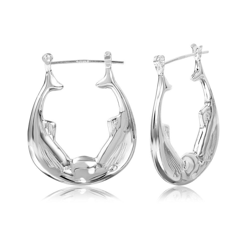 Silver 925 High Polished Double Fish Hoop Earrings - STE00786