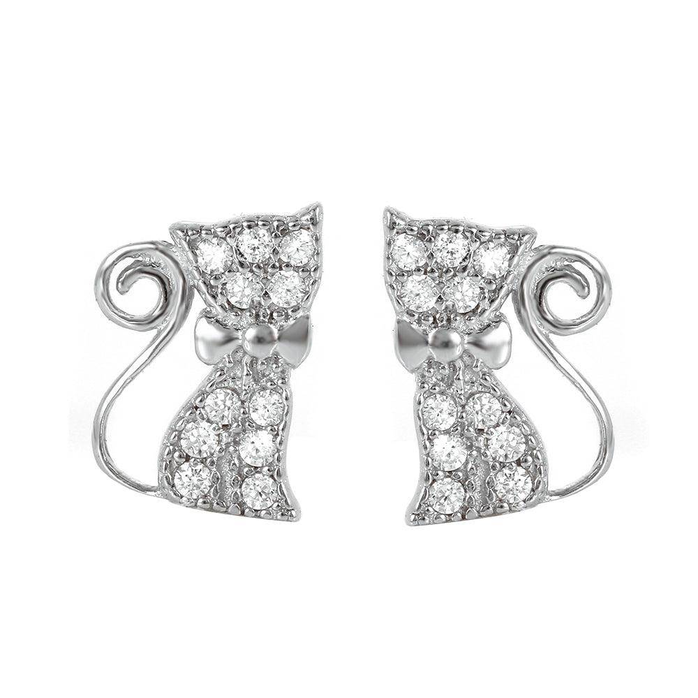 Silver 925 Rhodium Plated Bow Kitty Earrings - STE00966