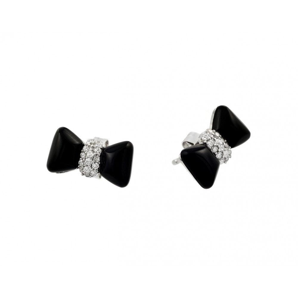 Silver 925 Rhodium Plated Black Enamel Bow Tie Earrings - STE00976