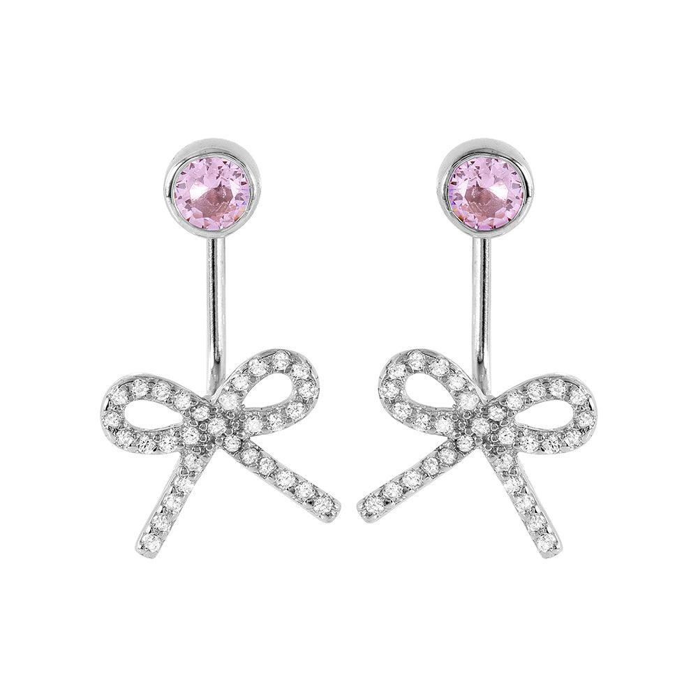 Silver 925 Rhodium Plated Bowtie Pink CZ Earrings - STE00985
