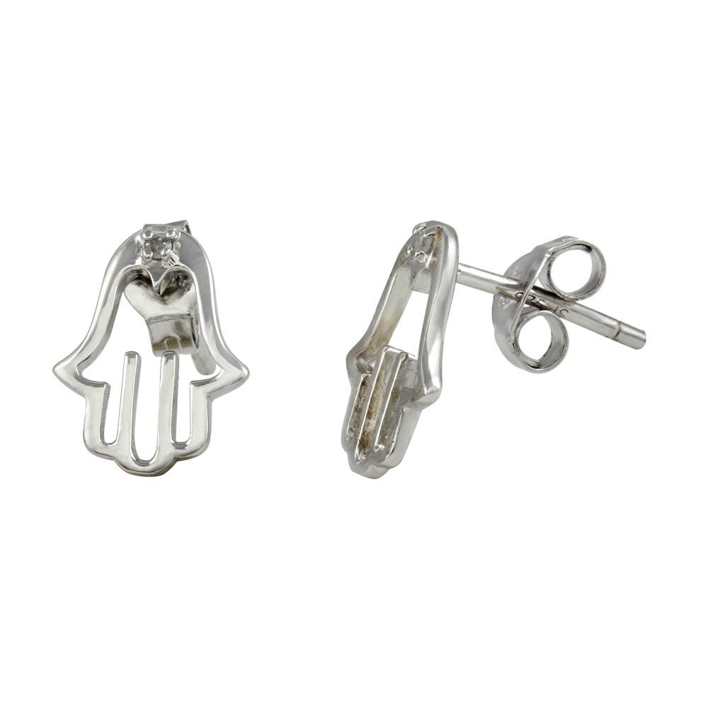 Rhodium Plated 925 Sterling Silver Open Hamsa Earrings - STE00998DIA