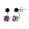 Rhodium Plated 925 Sterling Silver Birthstone Black Synthetic Pearl Purple CZ Front and Back Earrings - STE00999FEB