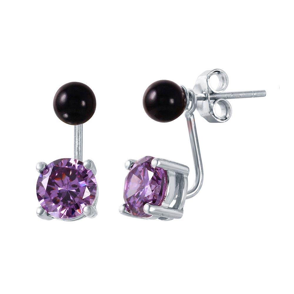 Rhodium Plated 925 Sterling Silver Birthstone Black Synthetic Pearl Purple CZ Front and Back Earrings - STE00999FEB