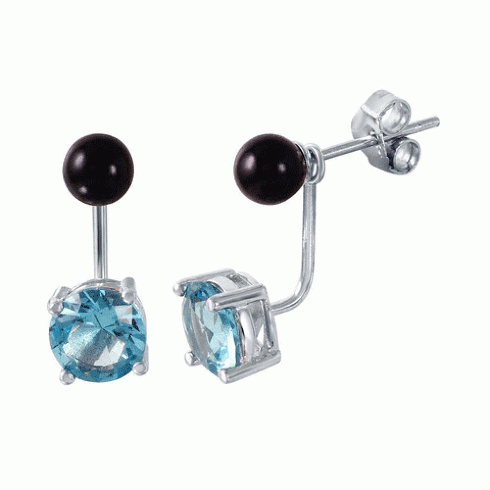 925 Sterling Silver Light Blue CZ Black Synthetic Pearl Front and Back Earring - STE00999MAR