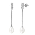 Silver 925 Rhodium Plated Chain Pearl CZ Dangling Stud Earrings - STE01004