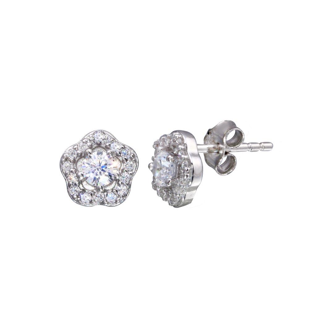 Rhodium Plated 925 Sterling Silver Flower CZ Earring - STE01013