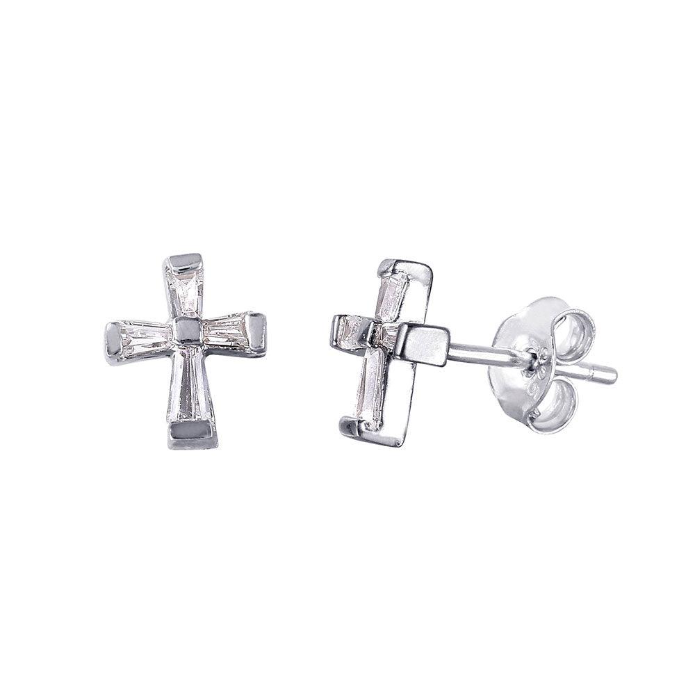 Silver 925 Rhodium Plated Baguette CZ Cross Earrings - STE01025