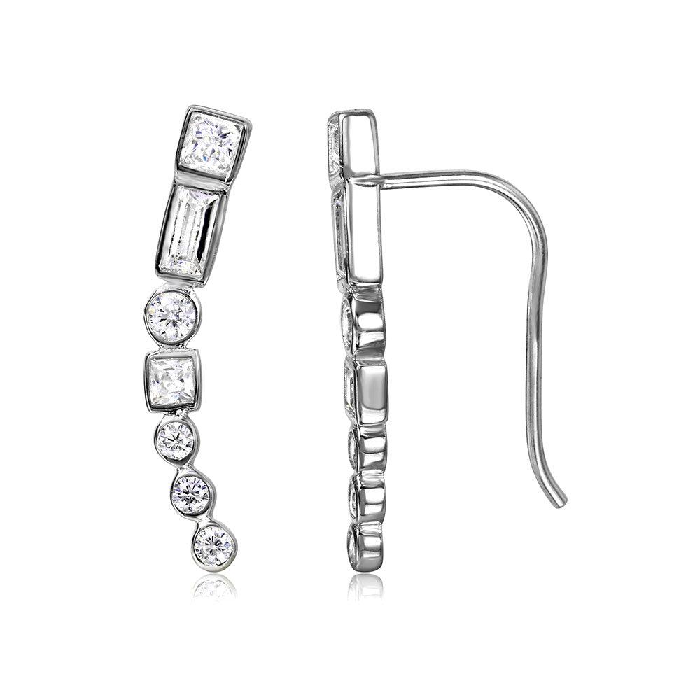 Silver 925 Rhodium Plated Baguette and Round CZ Climbing Earrings - STE01068