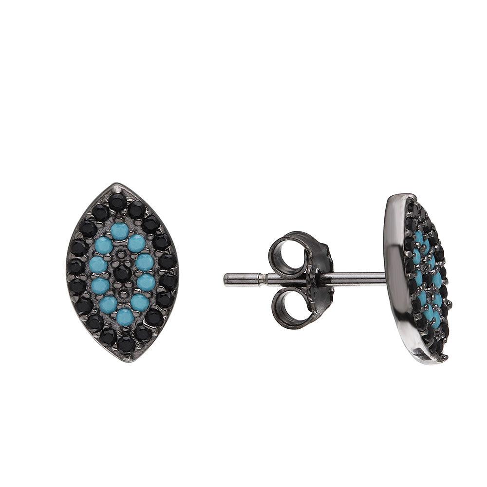 Black Rhodium Plated 925 Sterling Silver Evil Eye Earrings with Black CZ and Turquoise Stones - STE01072BP