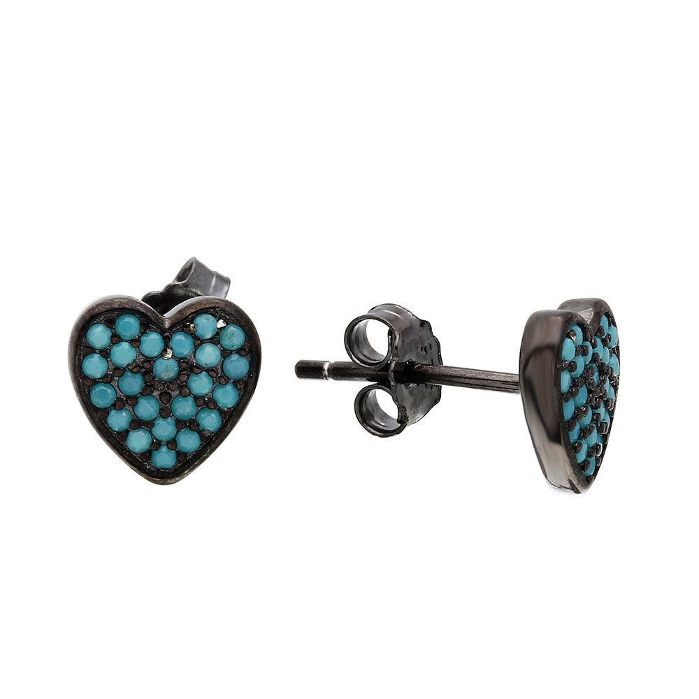 Black Rhodium Plated 925 Sterling Silver Heart Earrings with Turquoise Stones - STE01074BLU