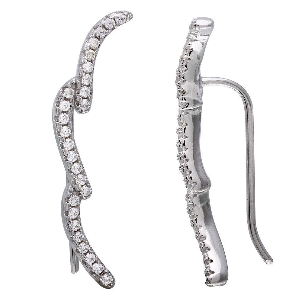 Rhodium Plated 925 Sterling Silver 3 CZ Waves Climbing Earrings - STE01075