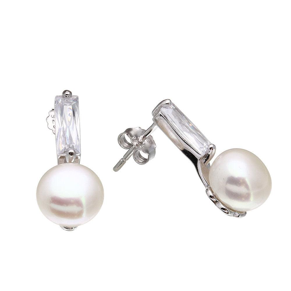 Rhodium Plated 925 Sterling Silver CZ and Fresh Water Pearls Earrings - STE01083