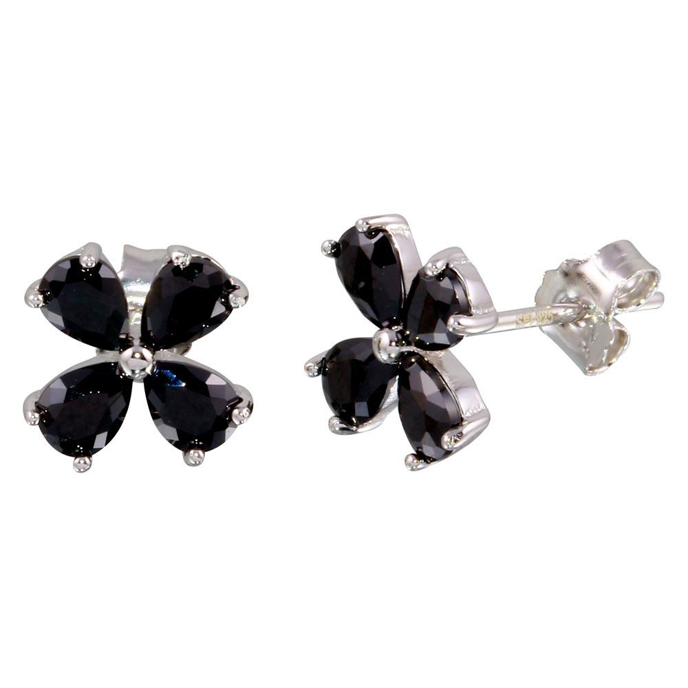 Rhodium Plated 925 Sterling Silver Black Flower CZ Earrings - STE01093