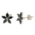 Rhodium Plated 925 Sterling Silver Black Five Petal Flower Earrings - STE01094